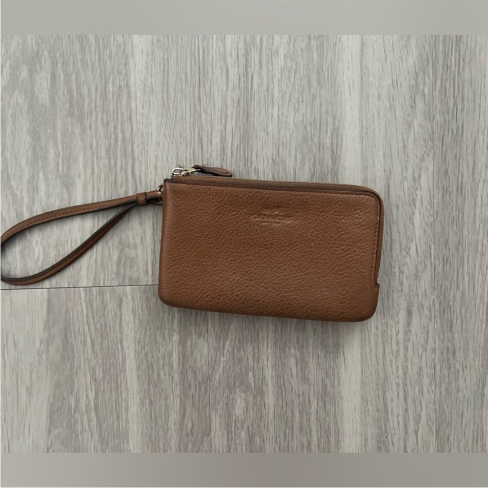 Coach Brown Pebbled Leather Double Zip Wristlet Wallet